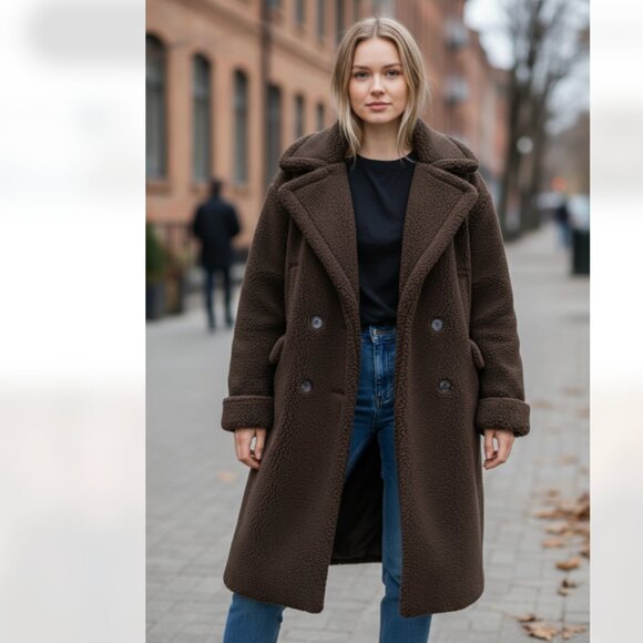NWT Stoosh Sherpa Fabric  Teddy Double-Breasted Long Coat   IN BRACKEN - Picture 2 of 9